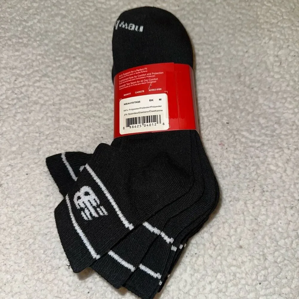 New Balance Women’s Cushioned Ankle Socks Pack of 6 Solid Black Medium NWT